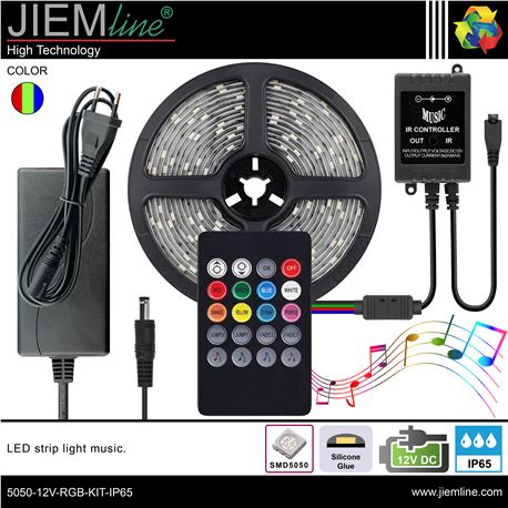 KIT TIRA LED RGB MUSIC 12V DC IP65 5m - 5050-12V-RGB-KIT-IP65