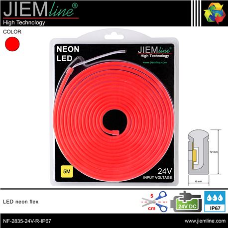 LED NEÓN FLEX ROJO 6x12 mm 24V DC IP67 5m - NF-2835-24V-R-IP67