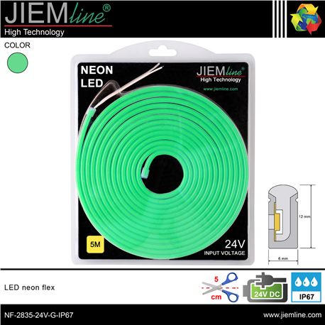 LED NEÓN FLEX VERDE 6x12 mm 24V DC IP67 5m - NF-2835-24V-G-IP67