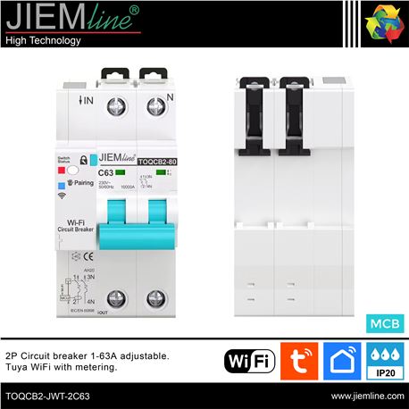 DISYUNTOR MCB INTELIGENTE DIN RAIL WIFI 1-63A 2P - TOQCB2-JWT-2C63-1