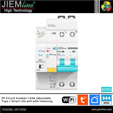 DISYUNTOR RCBO INTELIGENTE DIN RAIL WIFI 1-63A 2P - TOQCB2L-JWT-2C63-1