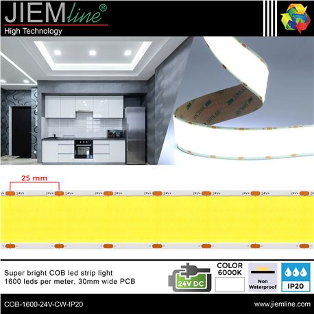 TIRA COB LED BLANCO FRÍO 24V DC IP20 5m - COB-1600-24V-CW-IP20